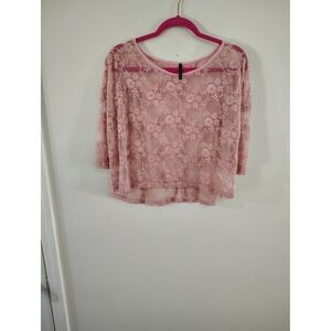 Shelly Pink Floral Lace Sheer 3/4 Sleeve Top Medium Style 30220